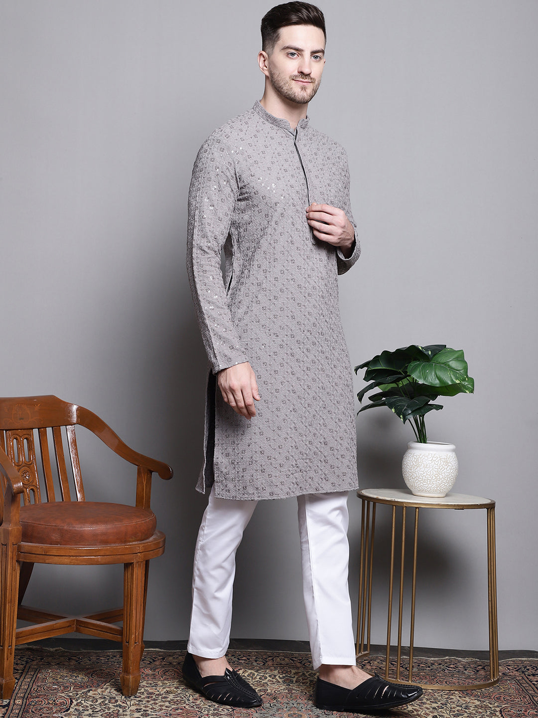 Jompers Men's Sequin Embroidered Pure Cotton Kurta with Pyjamas - Grey | Grocsy