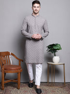 Jompers Men's Sequin Embroidered Pure Cotton Kurta with Pyjamas - Grey | Grocsy