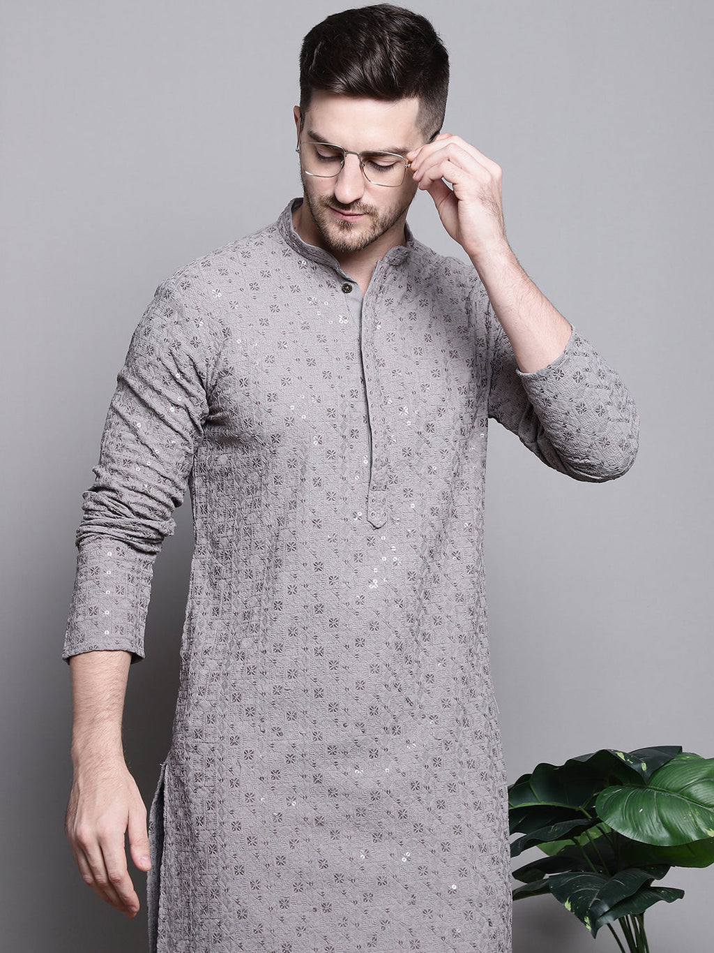 Jompers Men's Sequin Embroidered Pure Cotton Kurta with Pyjamas - Grey | Grocsy