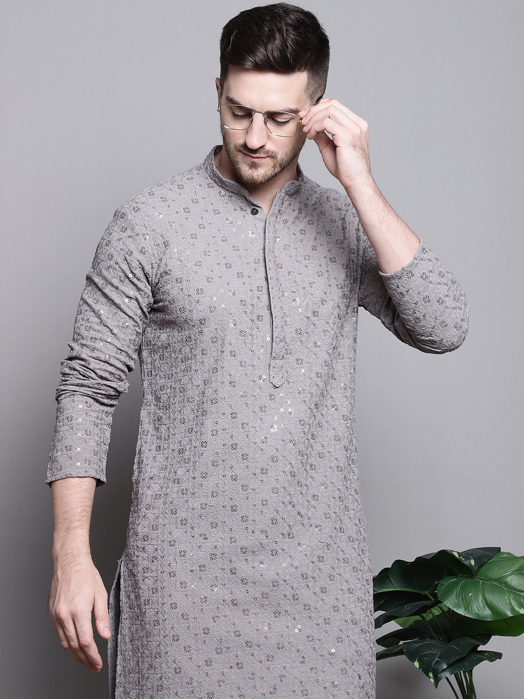 Jompers Men's Sequin Embroidered Pure Cotton Kurta with Pyjamas - Grey | Grocsy