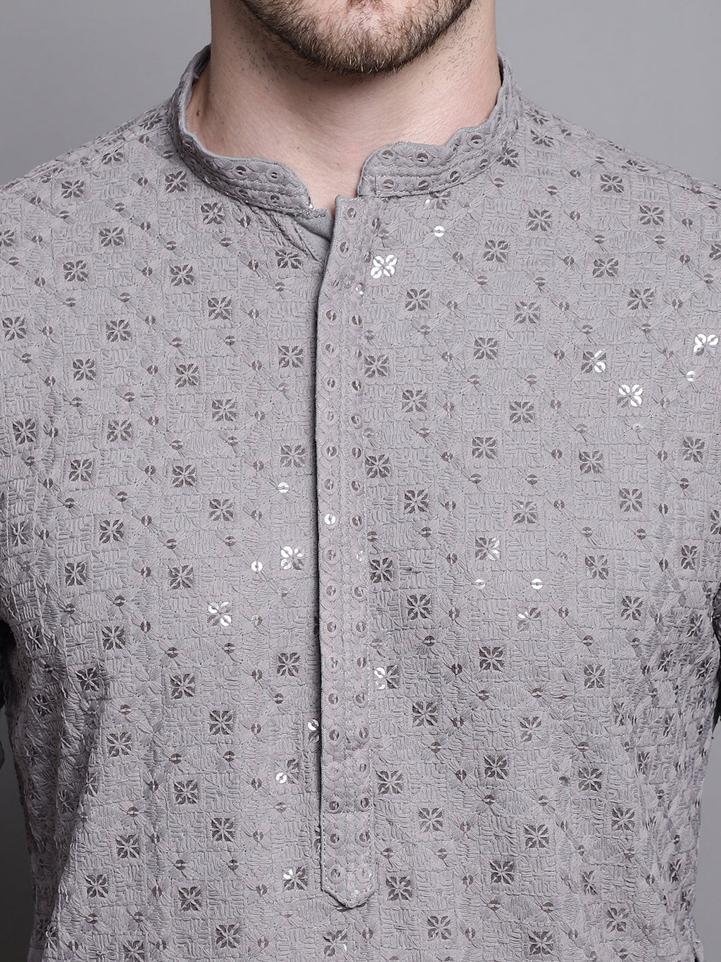 Jompers Men's Sequin Embroidered Pure Cotton Kurta with Pyjamas - Grey | Grocsy