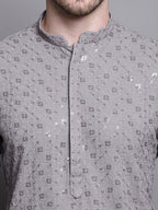 Jompers Men's Sequin Embroidered Pure Cotton Kurta with Pyjamas - Grey | Grocsy