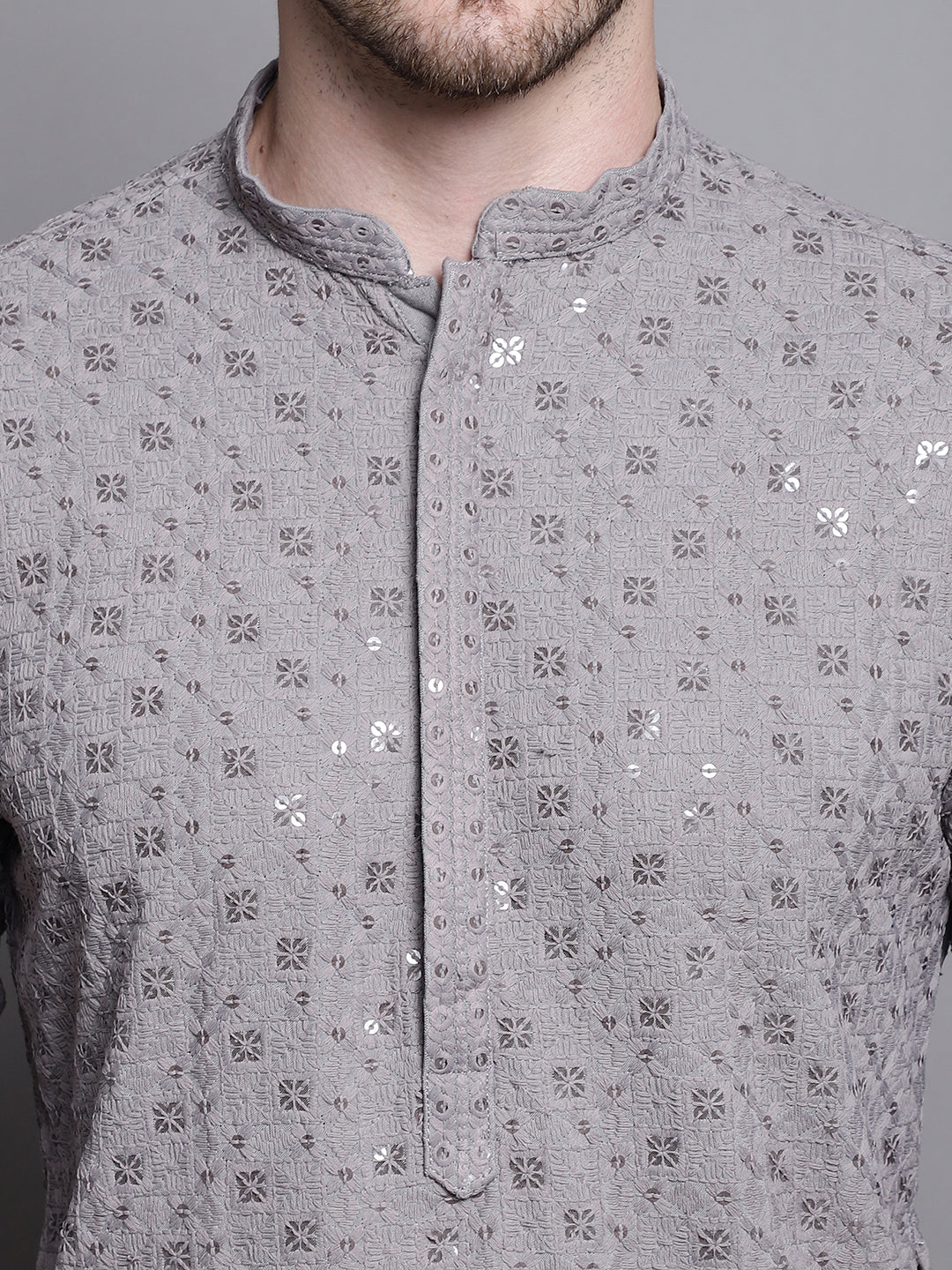 Jompers Men's Sequin Embroidered Pure Cotton Kurta with Pyjamas - Grey | Grocsy