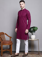 Jompers Men's Sequin Embroidered Pure Cotton Kurta with Pyjamas - Purple | Grocsy