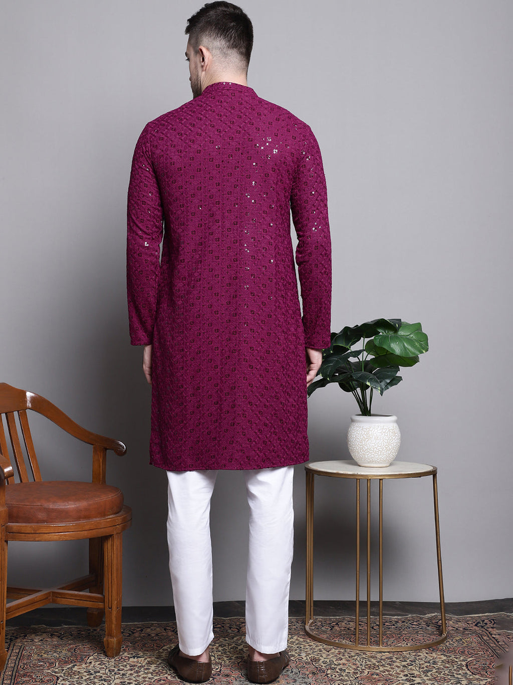 Jompers Men's Sequin Embroidered Pure Cotton Kurta with Pyjamas - Purple | Grocsy
