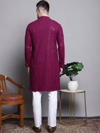 Jompers Men's Sequin Embroidered Pure Cotton Kurta with Pyjamas - Purple | Grocsy