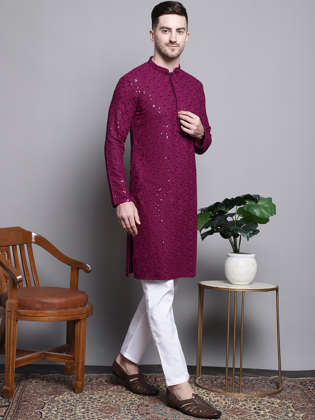 Jompers Men's Sequin Embroidered Pure Cotton Kurta with Pyjamas - Purple | Grocsy