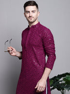 Jompers Men's Sequin Embroidered Pure Cotton Kurta with Pyjamas - Purple | Grocsy