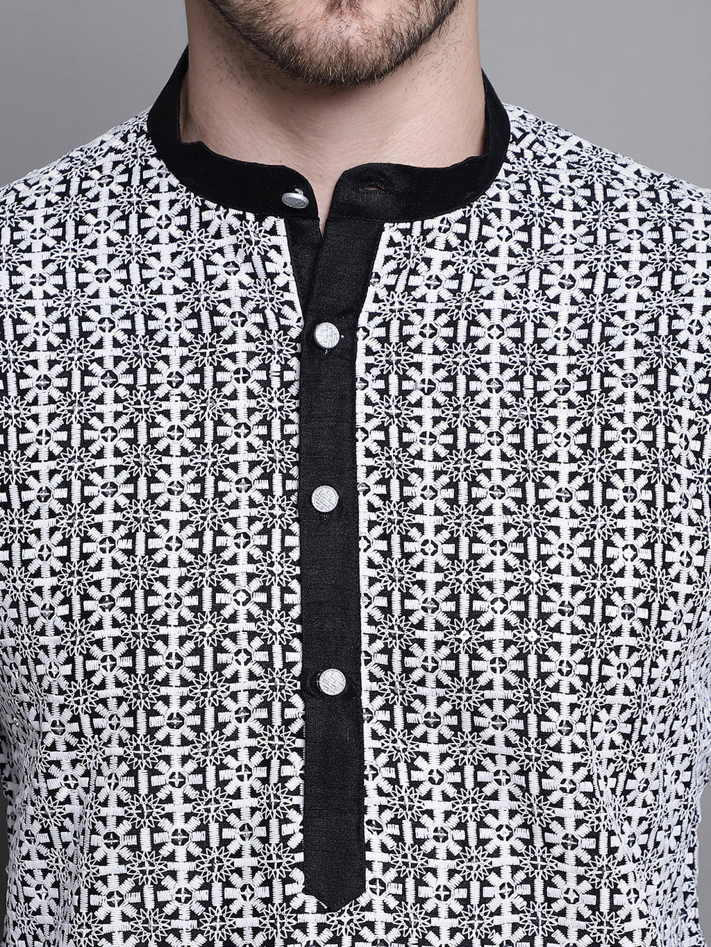 Jompers Men's Sequin Embroidered Silk Blend Kurta with Pyjamas - Black | Grocsy
