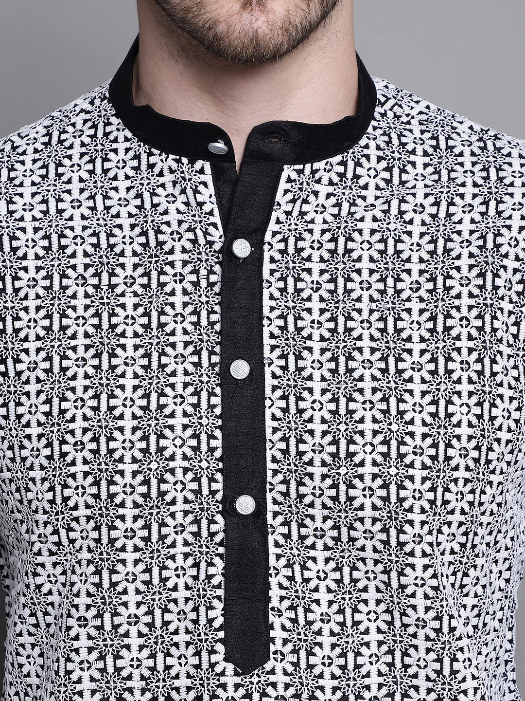 Jompers Men's Sequin Embroidered Silk Blend Kurta with Pyjamas - Black | Grocsy