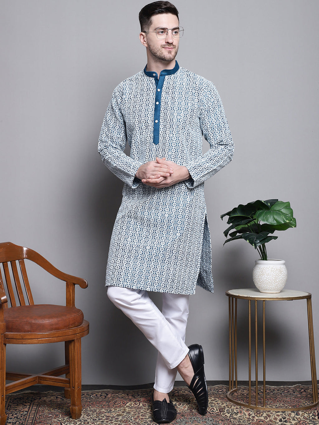 Jompers Men's Sequin Embroidered Silk Blend Kurta with Pyjamas - Peacock | Grocsy