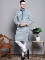 Jompers Men's Sequin Embroidered Silk Blend Kurta with Pyjamas - Peacock | Grocsy