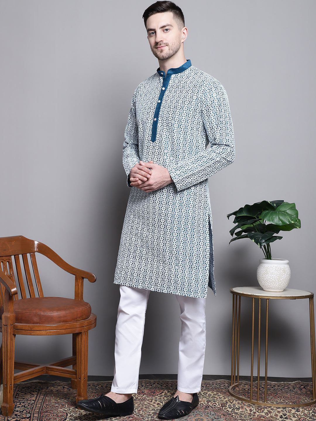 Jompers Men's Sequin Embroidered Silk Blend Kurta with Pyjamas - Peacock | Grocsy