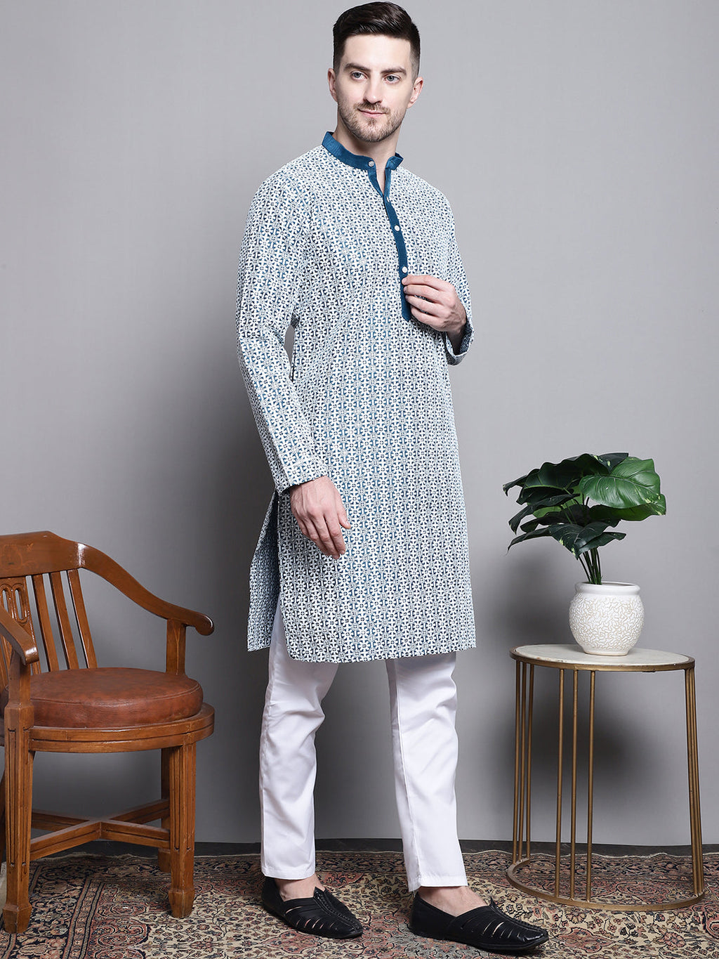Jompers Men's Sequin Embroidered Silk Blend Kurta with Pyjamas - Peacock | Grocsy