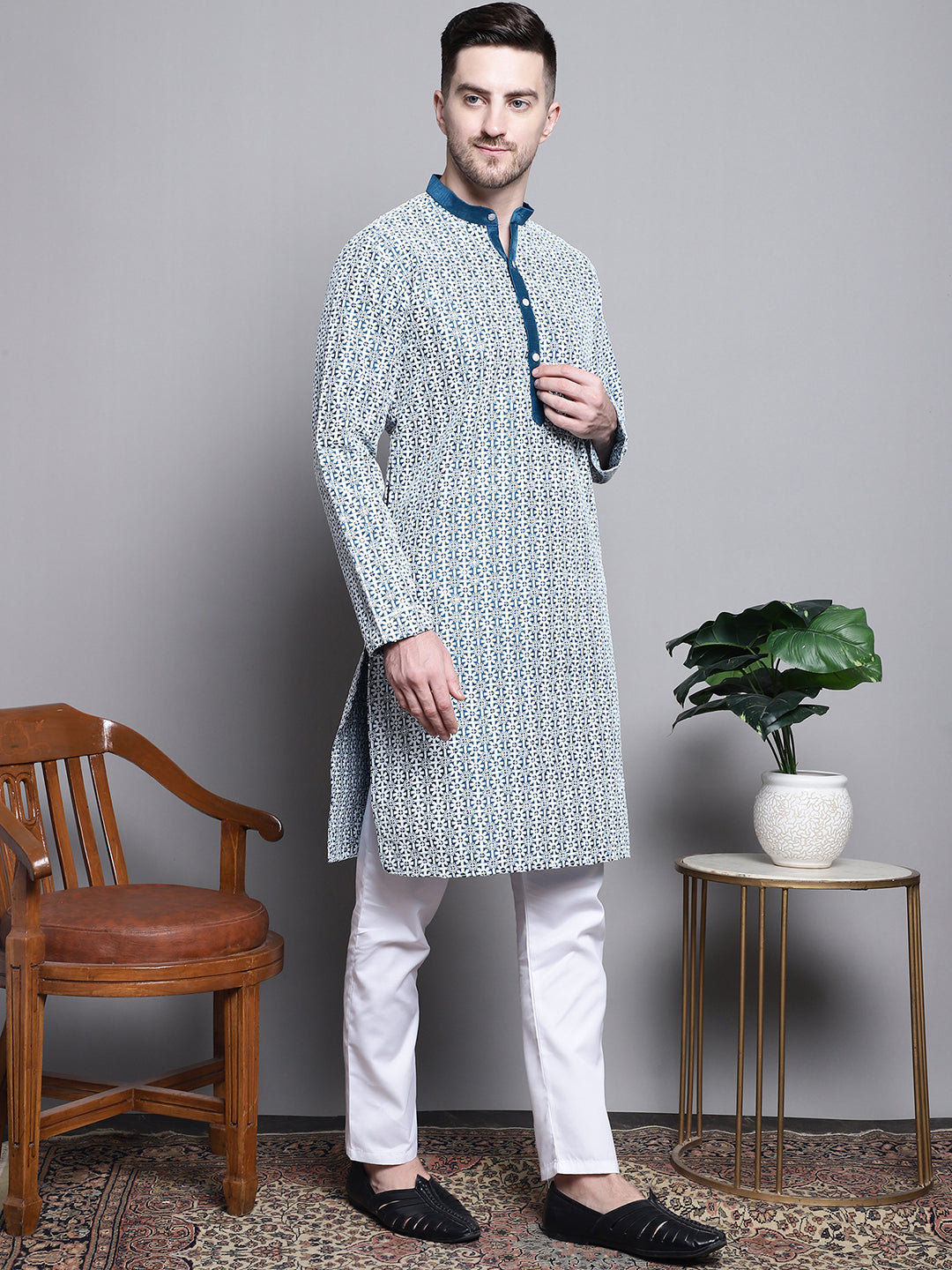 Jompers Men's Sequin Embroidered Silk Blend Kurta with Pyjamas - Peacock | Grocsy