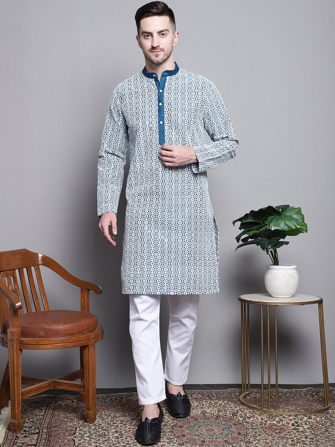 Jompers Men's Sequin Embroidered Silk Blend Kurta with Pyjamas - Peacock | Grocsy
