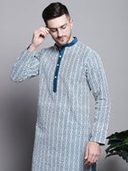 Jompers Men's Sequin Embroidered Silk Blend Kurta with Pyjamas - Peacock | Grocsy