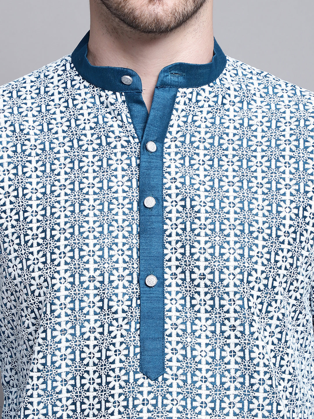Jompers Men's Sequin Embroidered Silk Blend Kurta with Pyjamas - Peacock | Grocsy