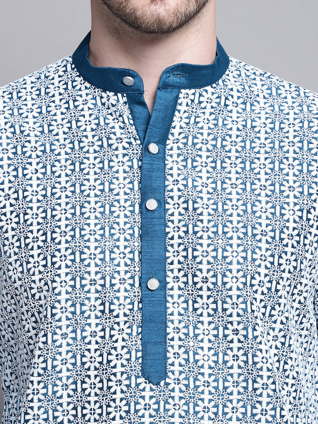 Jompers Men's Sequin Embroidered Silk Blend Kurta with Pyjamas - Peacock | Grocsy