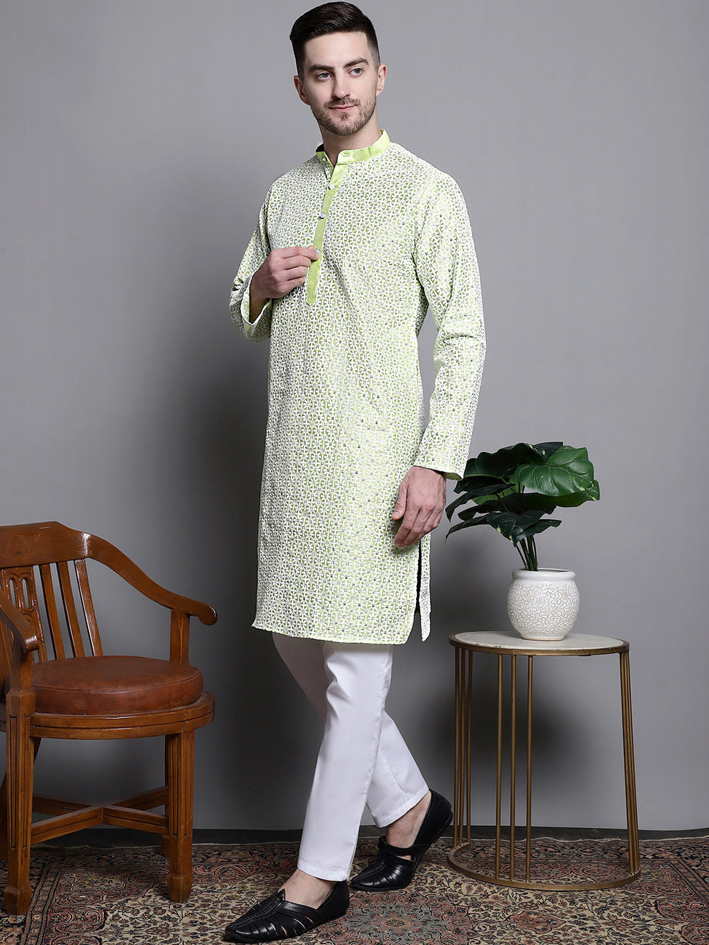 Jompers Men's Sequin Embroidered Silk Blend Kurta with Pyjamas - Pista | Grocsy