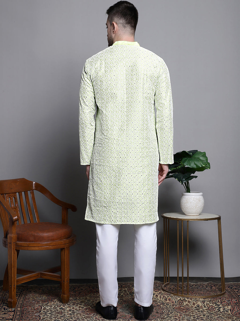 Jompers Men's Sequin Embroidered Silk Blend Kurta with Pyjamas - Pista | Grocsy