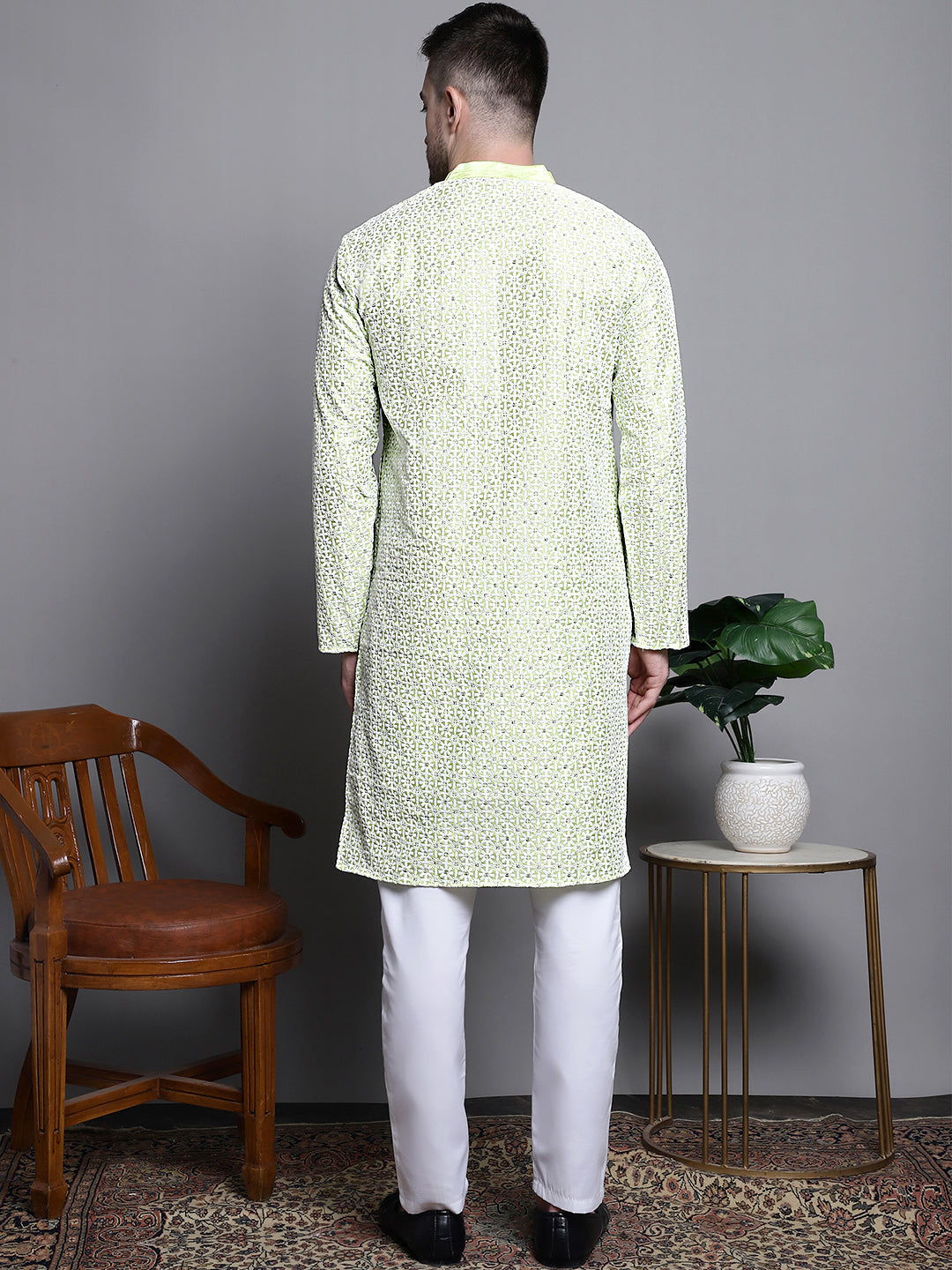 Jompers Men's Sequin Embroidered Silk Blend Kurta with Pyjamas - Pista | Grocsy