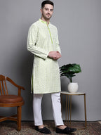 Jompers Men's Sequin Embroidered Silk Blend Kurta with Pyjamas - Pista | Grocsy