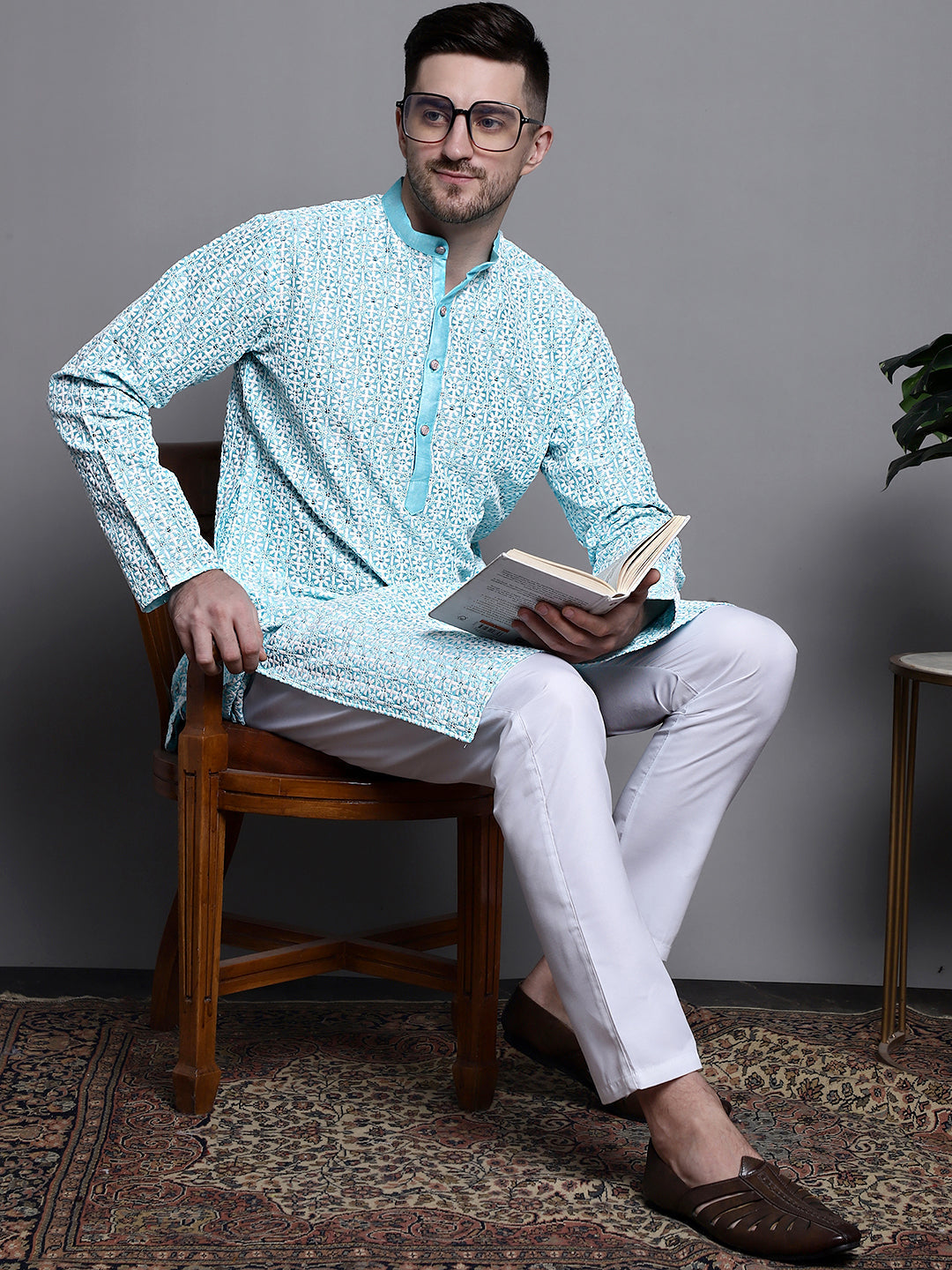 Jompers Men's Sequin Embroidered Silk Blend Kurta with Pyjamas - Sky Blue | Grocsy