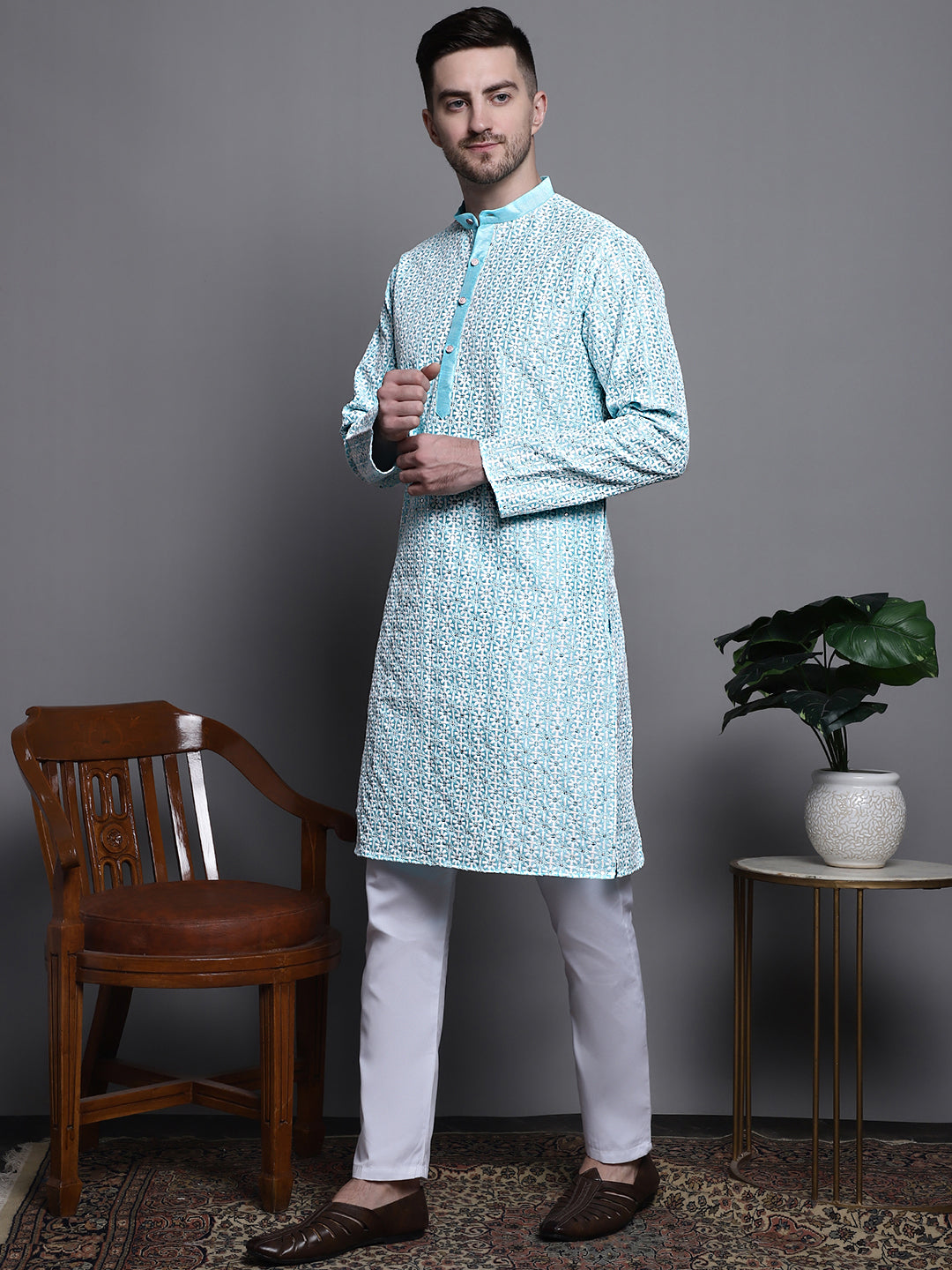 Jompers Men's Sequin Embroidered Silk Blend Kurta with Pyjamas - Sky Blue | Grocsy