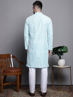 Jompers Men's Sequin Embroidered Silk Blend Kurta with Pyjamas - Sky Blue | Grocsy
