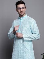 Jompers Men's Sequin Embroidered Silk Blend Kurta with Pyjamas - Sky Blue | Grocsy