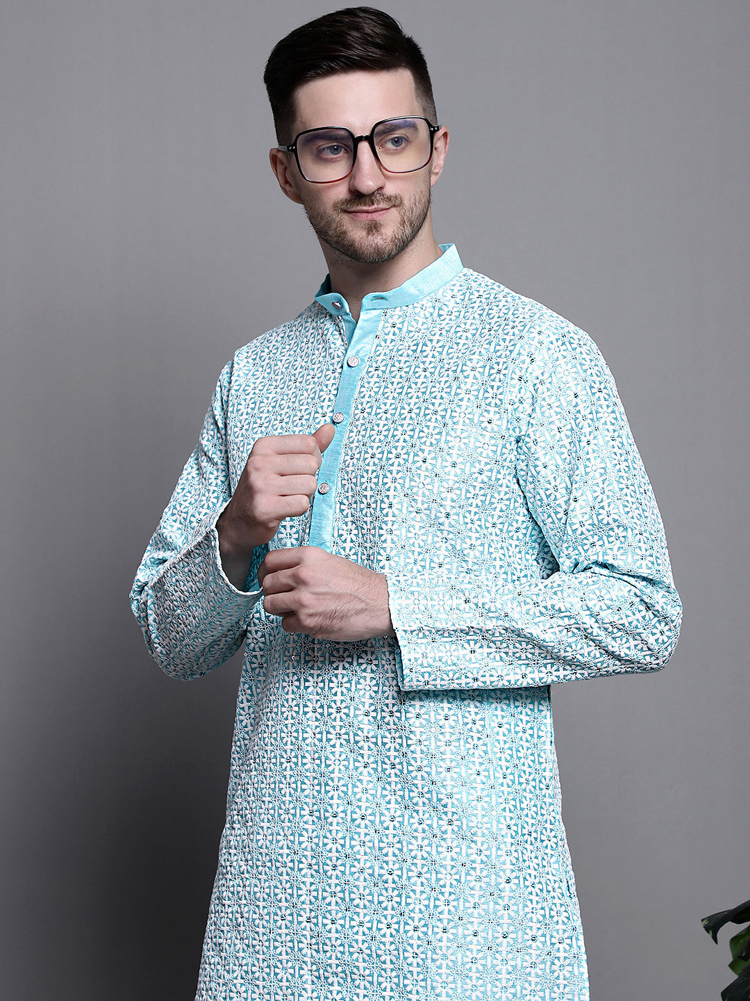 Jompers Men's Sequin Embroidered Silk Blend Kurta with Pyjamas - Sky Blue | Grocsy