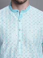 Jompers Men's Sequin Embroidered Silk Blend Kurta with Pyjamas - Sky Blue | Grocsy