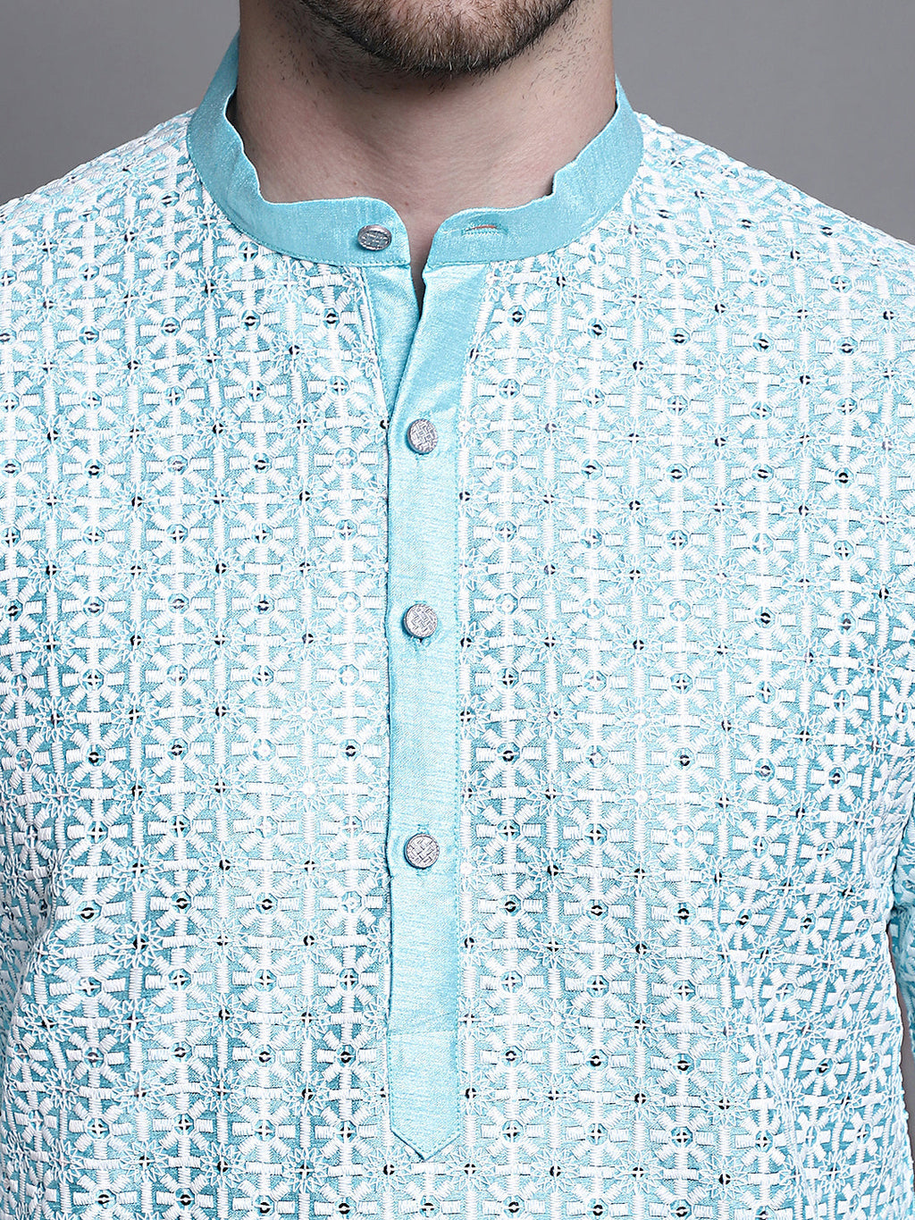 Jompers Men's Sequin Embroidered Silk Blend Kurta with Pyjamas - Sky Blue | Grocsy