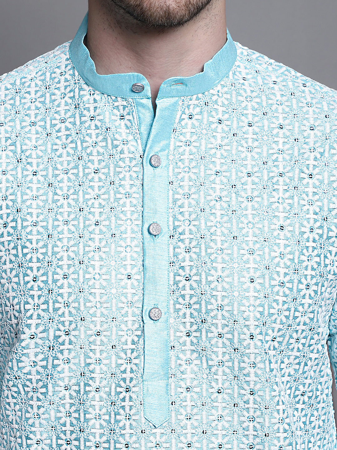 Jompers Men's Sequin Embroidered Silk Blend Kurta with Pyjamas - Sky Blue | Grocsy