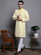 Jompers Men's Sequin Embroidered Silk Blend Kurta with Pyjamas - Yellow | Grocsy