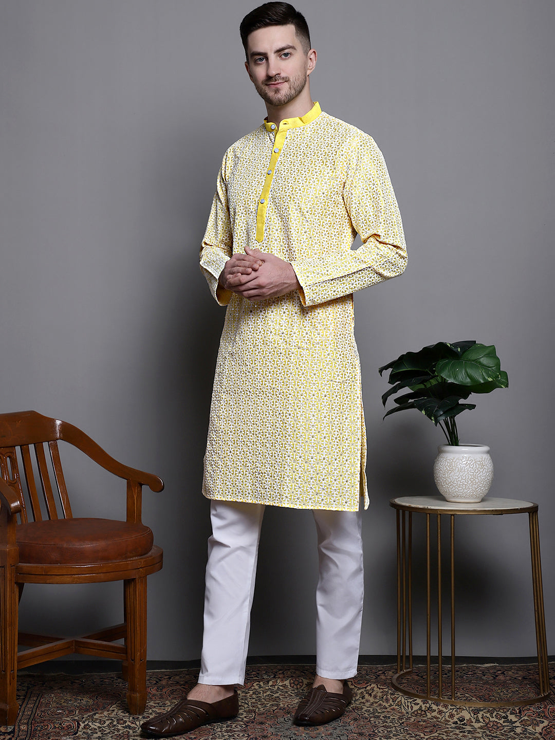 Jompers Men's Sequin Embroidered Silk Blend Kurta with Pyjamas - Yellow | Grocsy