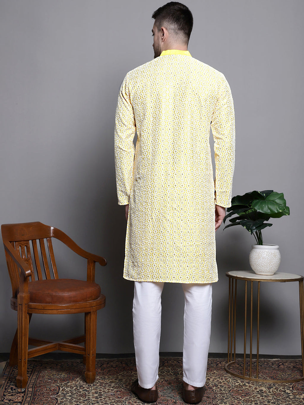 Jompers Men's Sequin Embroidered Silk Blend Kurta with Pyjamas - Yellow | Grocsy