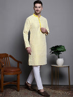 Jompers Men's Sequin Embroidered Silk Blend Kurta with Pyjamas - Yellow | Grocsy