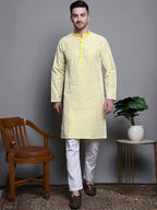 Jompers Men's Sequin Embroidered Silk Blend Kurta with Pyjamas - Yellow | Grocsy