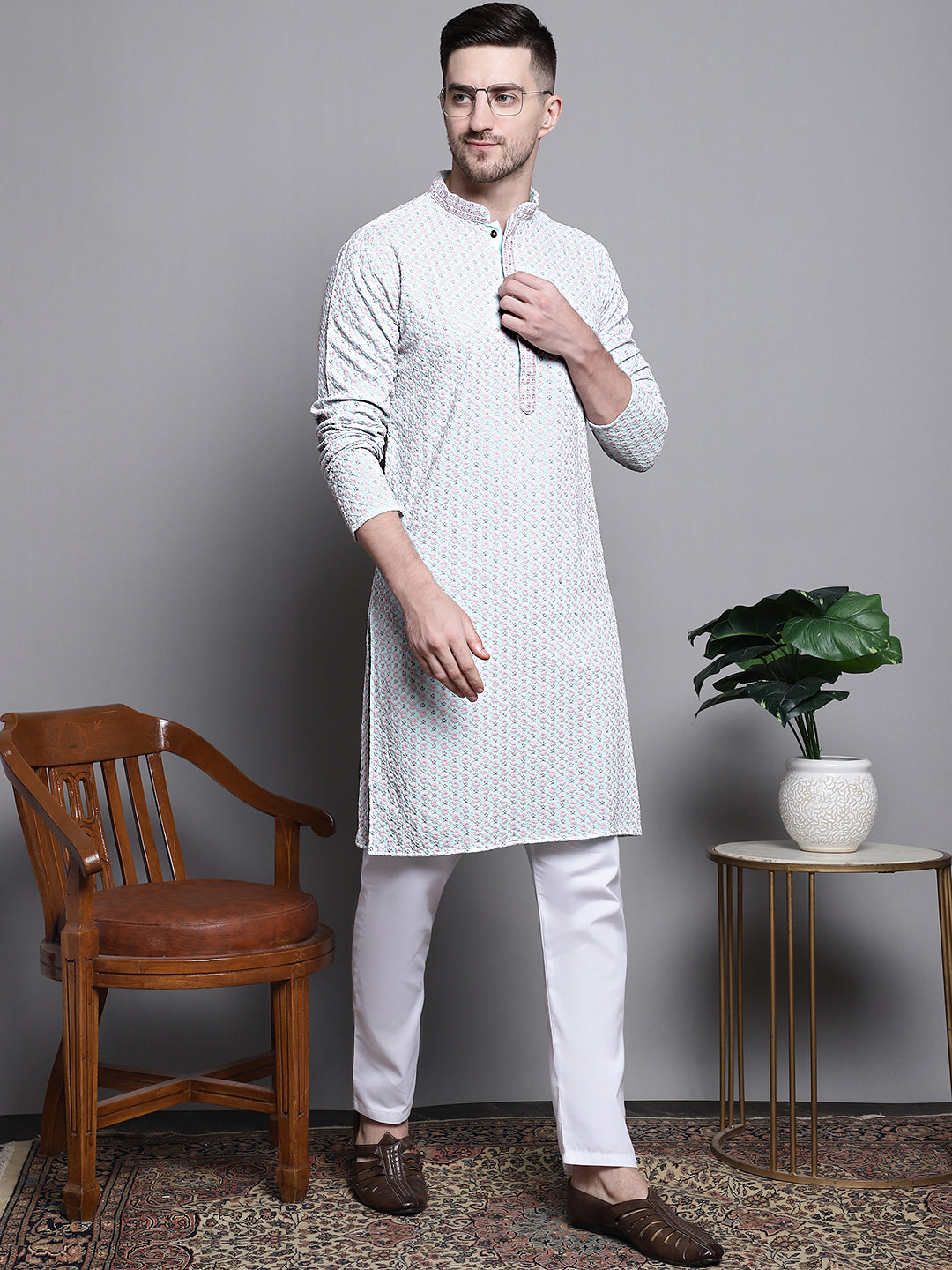 Jompers Men's Sequin Embroidered Pure Cotton Kurta with Pyjamas - Blue | Grocsy