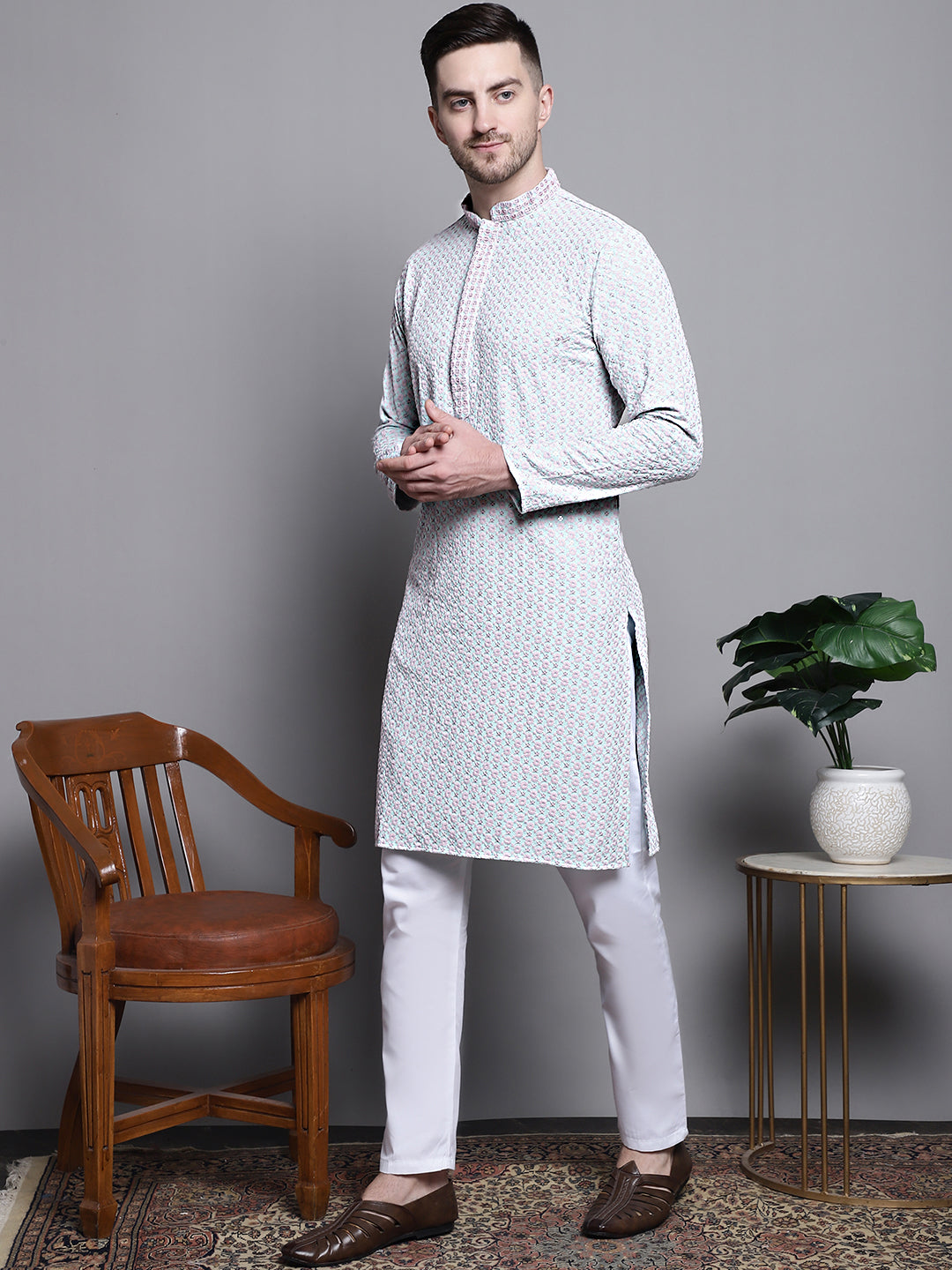 Jompers Men's Sequin Embroidered Pure Cotton Kurta with Pyjamas - Blue | Grocsy