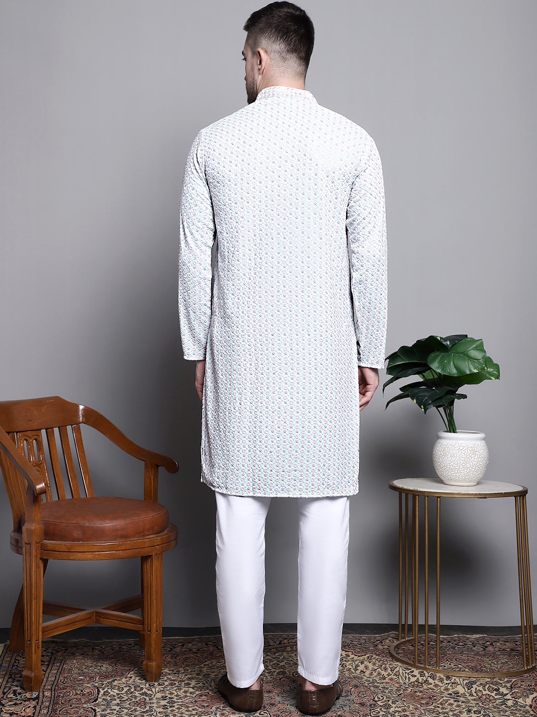 Jompers Men's Sequin Embroidered Pure Cotton Kurta with Pyjamas - Blue | Grocsy