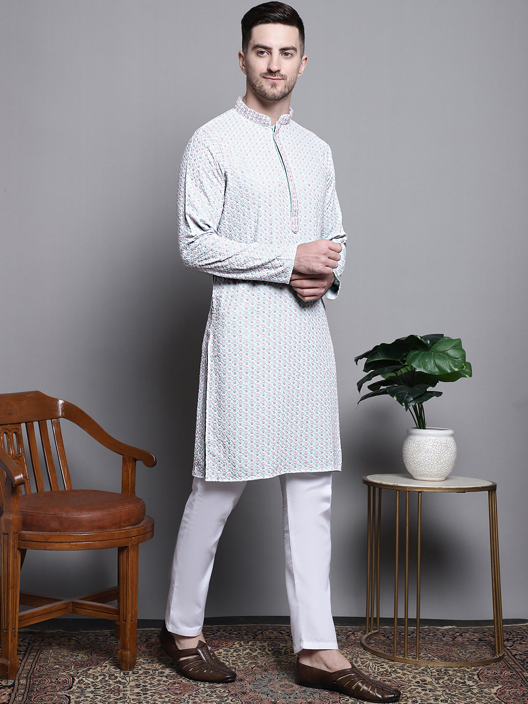 Jompers Men's Sequin Embroidered Pure Cotton Kurta with Pyjamas - Blue | Grocsy
