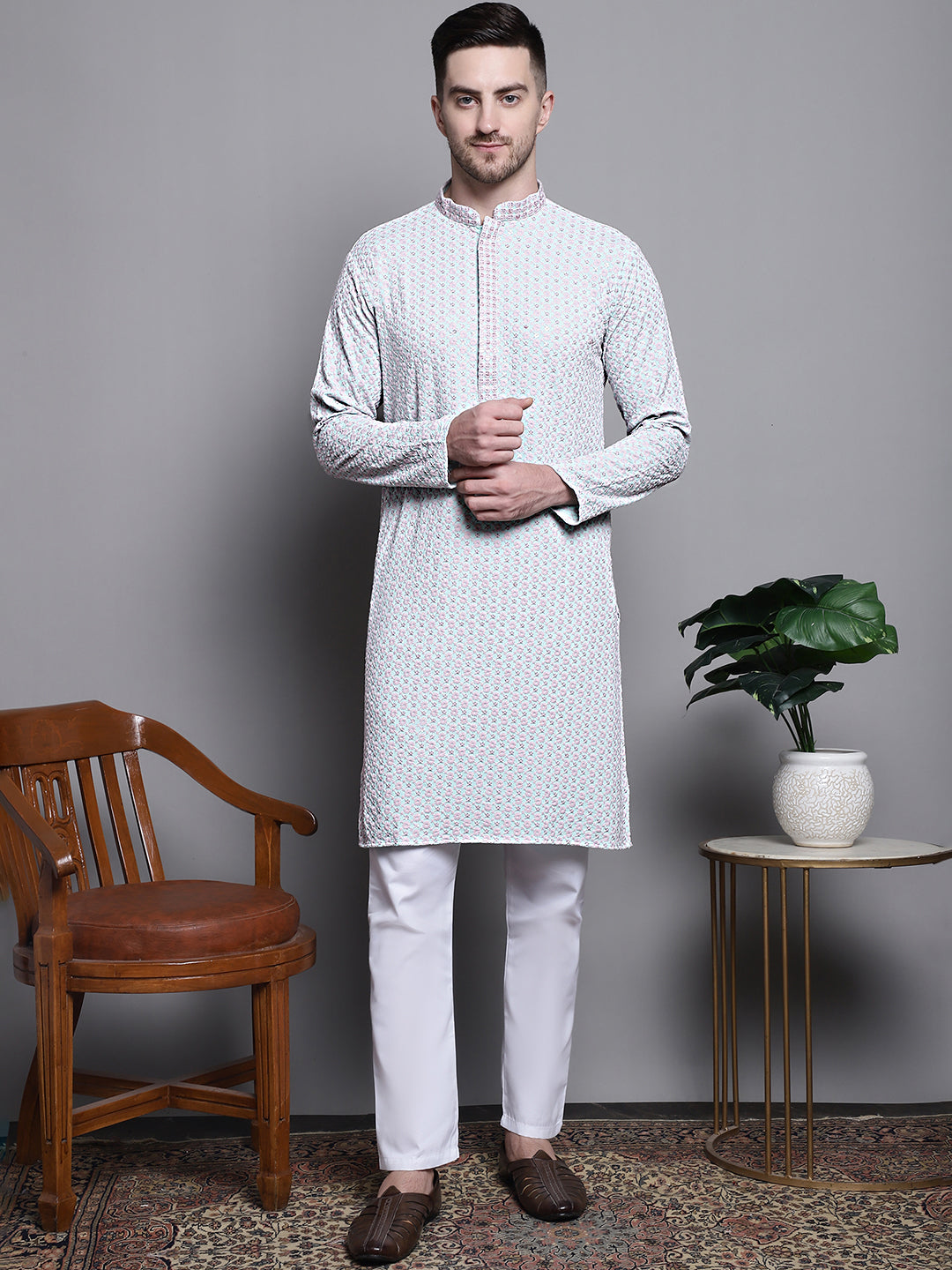 Jompers Men's Sequin Embroidered Pure Cotton Kurta with Pyjamas - Blue | Grocsy