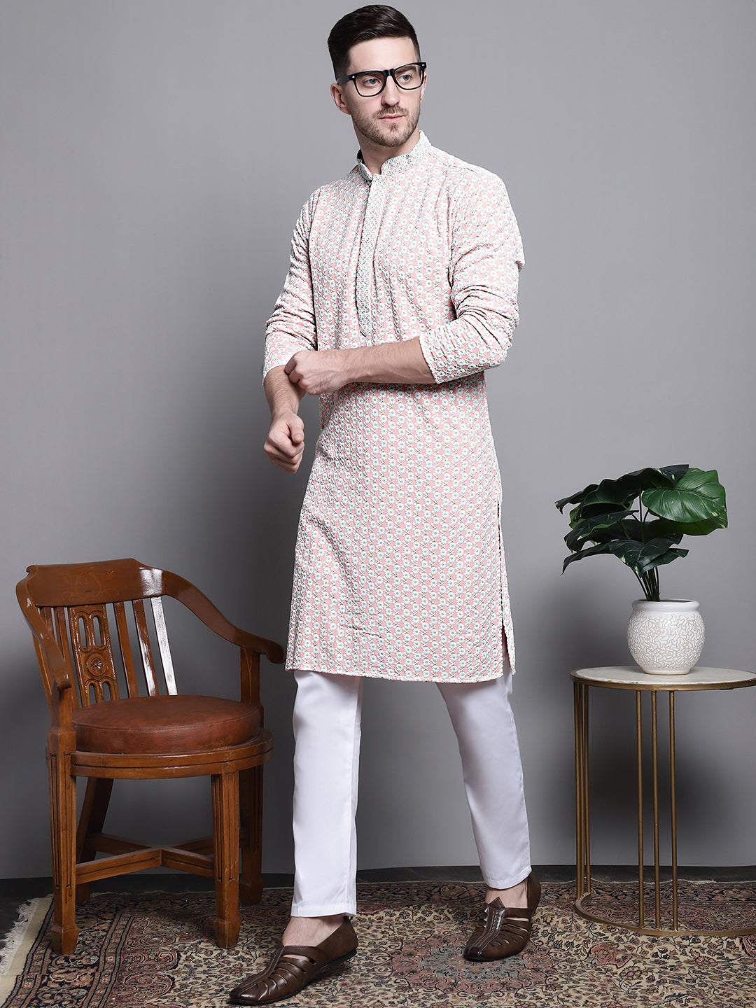 Jompers Men's Sequin Embroidered Pure Cotton Kurta with Pyjamas - Peach | Grocsy