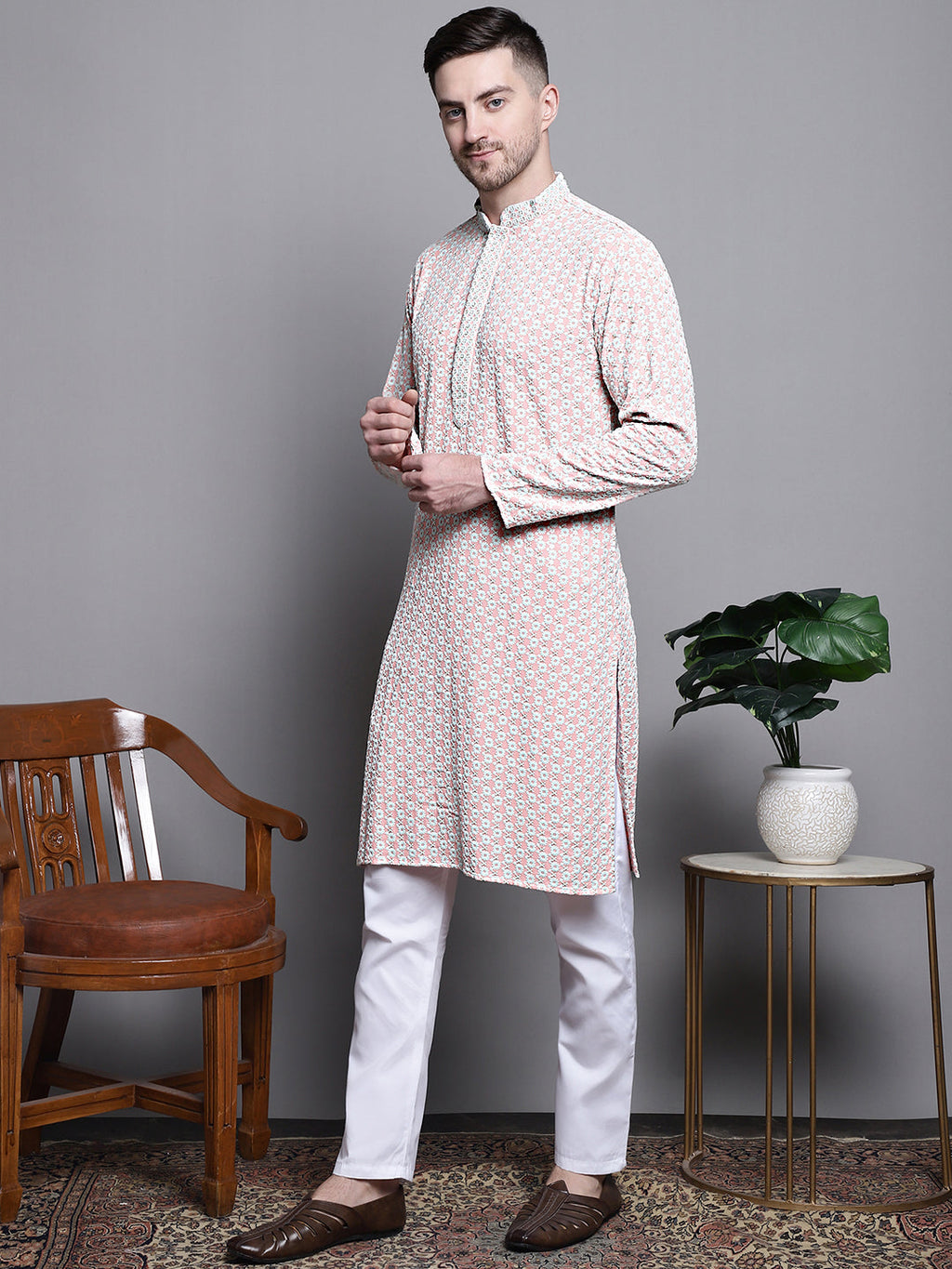 Jompers Men's Sequin Embroidered Pure Cotton Kurta with Pyjamas - Peach | Grocsy