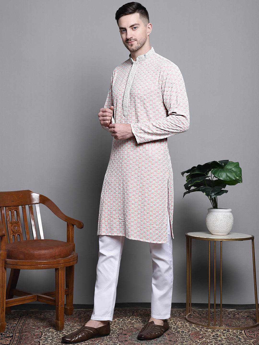 Jompers Men's Sequin Embroidered Pure Cotton Kurta with Pyjamas - Peach | Grocsy