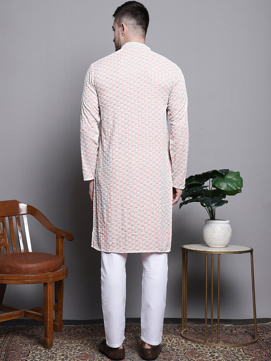 Jompers Men's Sequin Embroidered Pure Cotton Kurta with Pyjamas - Peach | Grocsy