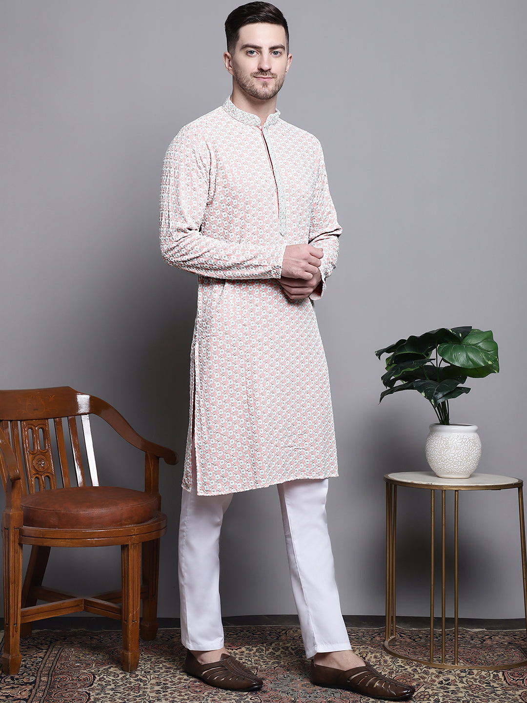 Jompers Men's Sequin Embroidered Pure Cotton Kurta with Pyjamas - Peach | Grocsy